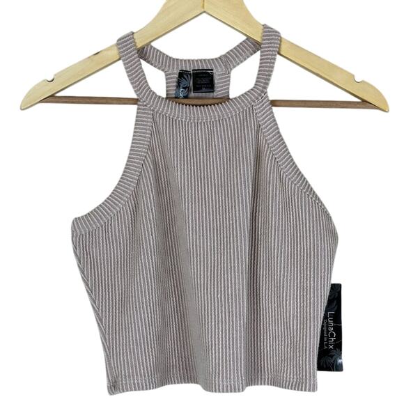NWT Zumiez Luna Chix Tank Top Womens M Beige Rib Knit Halter Crop Neutral Basic - Picture 2 of 5